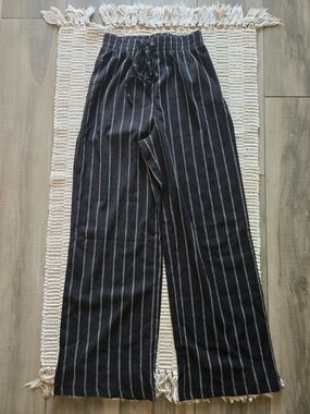 Black Pinstripe Wide-Leg Drawstring Pants